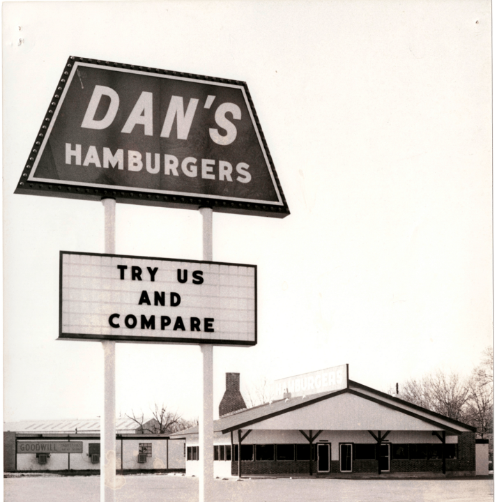 Historical storefront of Dan's Hamburgers restaurant in Austin Texas